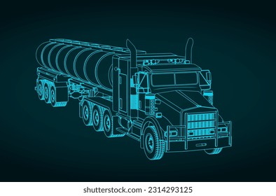 Stylized vector illustration of blueprint of truck with tanker trailer