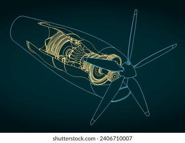 Stylized vector illustration of blueprint of turboprop engine