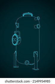 Stylized vector illustration of blueprint of vertical pressure tank