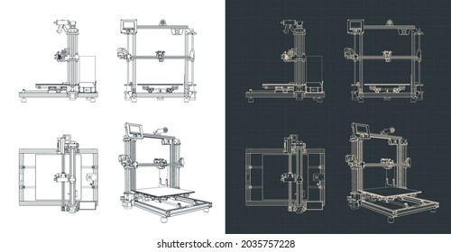 Stylized vector illustration of blueprints of 3D printer