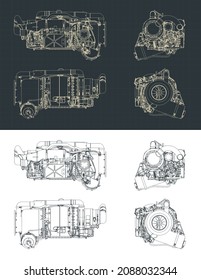 Stylized vector illustration of blueprints of Aircraft gas turbine engine APU