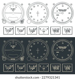 Stylized vector illustration of blueprints of airplane control panel