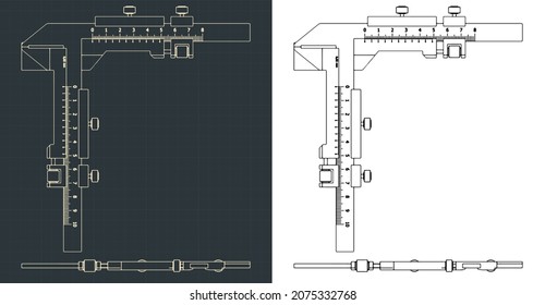Stylized vector illustration of blueprints of analog stainless steel gear tooth vernier caliper