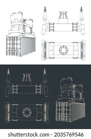 Stylized vector illustration of blueprints of auto-lock frame container spreader