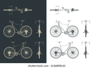 Stylized vector illustration of blueprints of bicycle