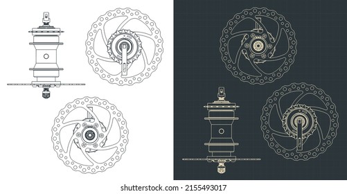Stylized vector illustration of blueprints of bicycle rear hub