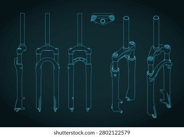 Stylized vector illustration of blueprints of bicycle fork