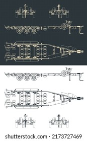 Stylized vector illustration of blueprints of a big tri axle boat trailer