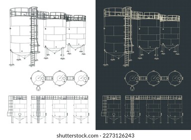 Stylized vector illustration of blueprints of big fermentation stainless steel tanks