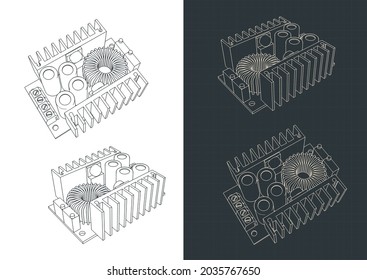 Stylized vector illustration of blueprints of buck converter step-down power supply module svg