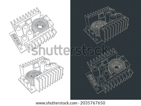 Stylized vector illustration of blueprints of buck converter step-down power supply module