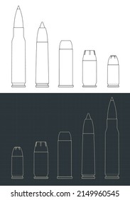 Stylized vector illustration of blueprints of bullets of various calibers