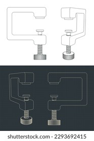 Stylized vector illustration of blueprints of c-clamp