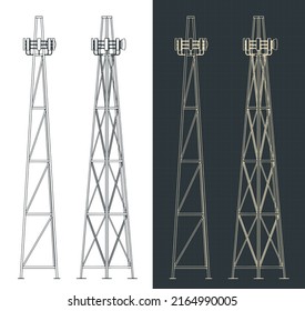 Stylized vector illustration of blueprints of cell tower with equipment