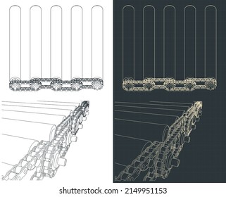 Stylized vector illustration of blueprints of chain transmission in a roller conveyor