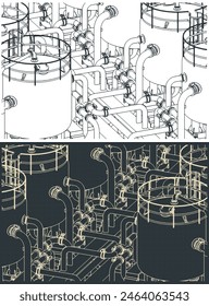 Stylized vector illustration of blueprints of chemical production. Tanks close up