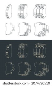 Stylized vector illustration of blueprints of circuit breakers set