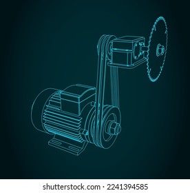 Stylized vector illustration of blueprints of circular saw machine