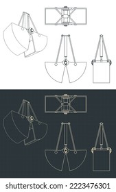 Stylized vector illustration of blueprints of clamshell digging bucket