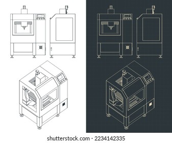 Stylized vector illustration of blueprints of CNC turning milling machine