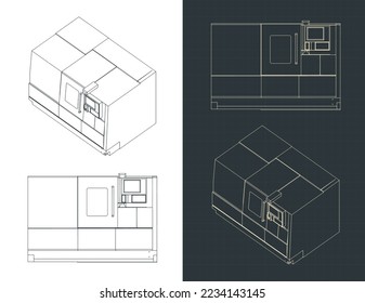 Stylized vector illustration of blueprints of CNC turning milling machine