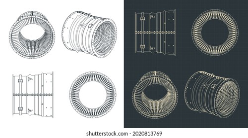 Stylized vector illustration of  blueprints of compressor stator case from turbo jet