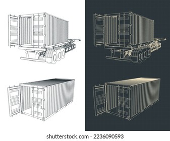 Ilustración vectorial estilizada de planos de remolque y contenedor de contenedores