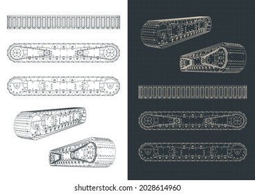 Stylized vector illustration of blueprints of continuous track from a large crawler crane