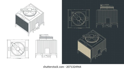 Stylized vector illustration of blueprints of cooling tower