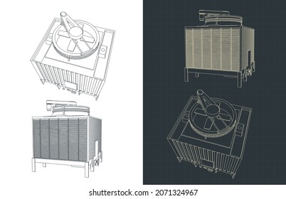 Stylized Vector Illustration Of Blueprints Of Cooling Tower