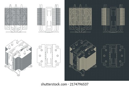 Stylized vector illustration of blueprints of CPU cooler