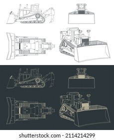 Stylized vector illustration of blueprints of crawler bulldozer