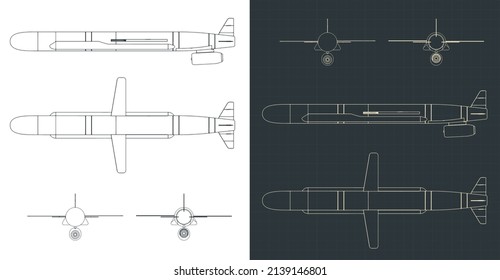 Stylized vector illustration of blueprints of cruise missile