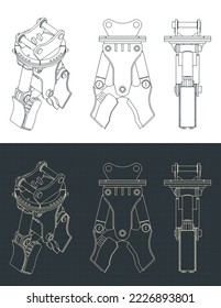 Ilustración vectorial estilizada de planos de corte de chatarra hidráulica de demolición