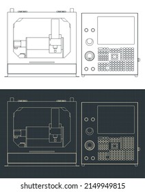 Stylized vector illustration of blueprints of desktop CNC router machine