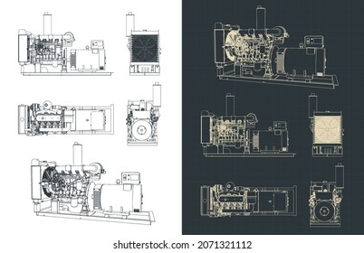 Stylized vector illustration of blueprints of a diesel generator