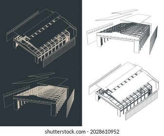 Stylized vector illustration of blueprints of disassembled large industrial hangar