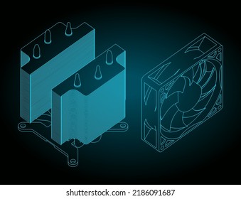Ilustración vectorial estilizada de planos de enfriador de cpu desmontado