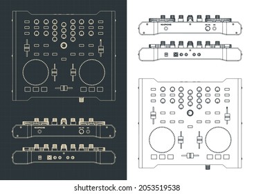 Stylized vector illustration of blueprints of DJ controller