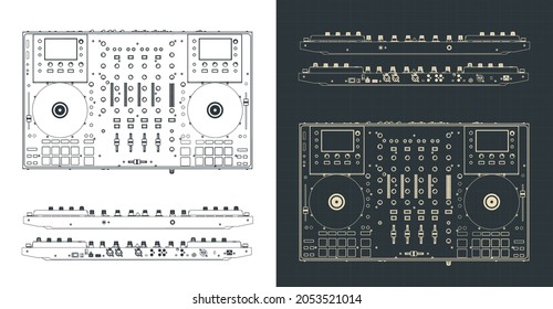 Stylized vector illustration of blueprints of DJ controller