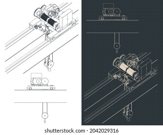 Stylized Vector Illustration Of Blueprints Of Double Girder Overhead Crane Electric Chain Hoist