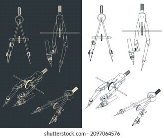 Stylized vector illustration of blueprints of drawing compass 
