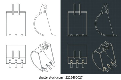 Stylized vector illustration of blueprints of excavator bucket