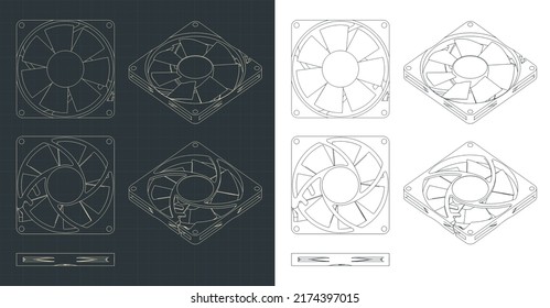 Stylized vector illustration of blueprints of fan for computer cooling systems