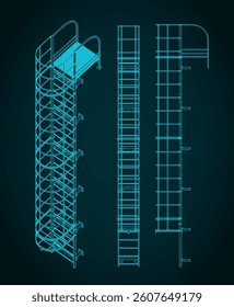 Stylized vector illustration of blueprints of fire escape