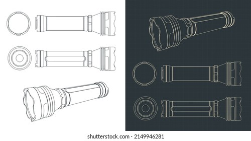 Stylized vector illustration of blueprints of flashlight