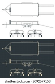 Stylized vector illustration of blueprints of flatbed trailer