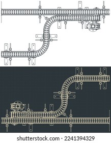 Stylized vector illustration of blueprints of flex link conveyor