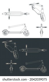 Ilustración vectorial estilizada de planos de ciclomotor eléctrico plegable