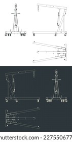 Stylized vector illustration of blueprints of folding engine crane